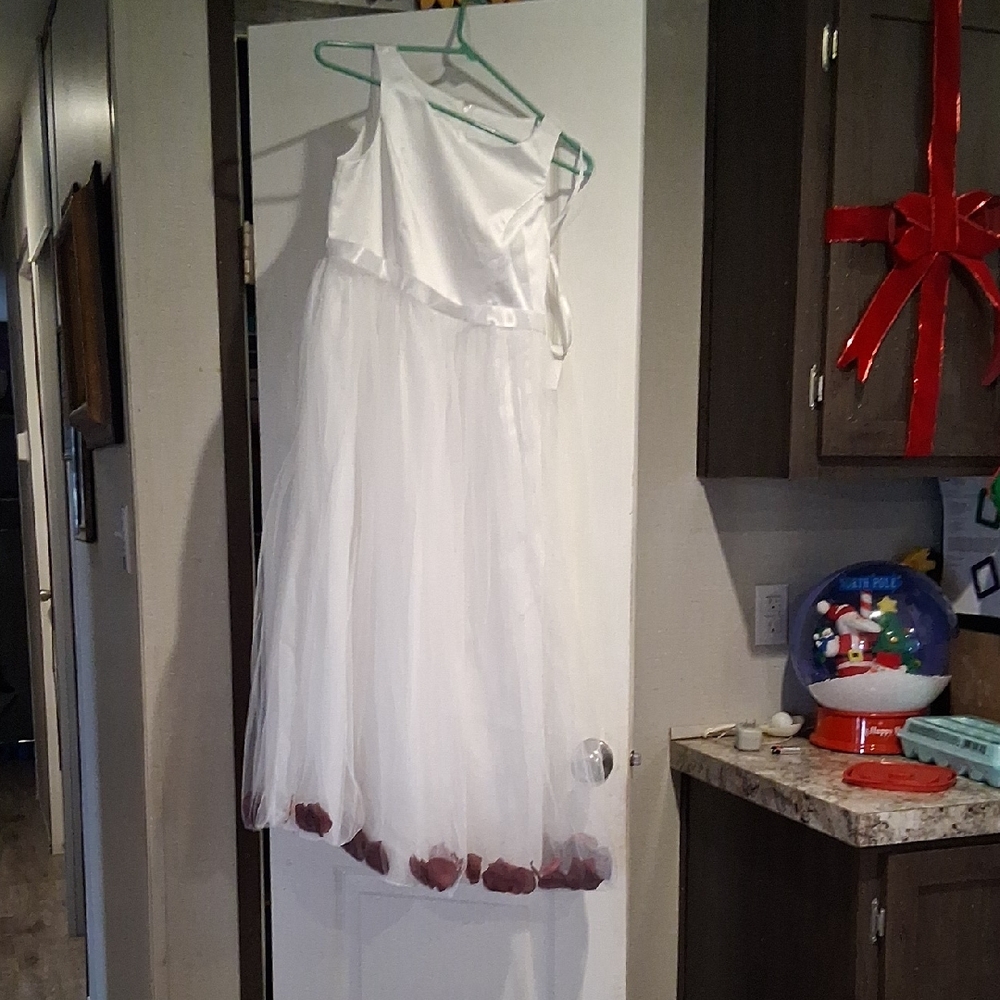 David's Bridal White Dress with Red Accents